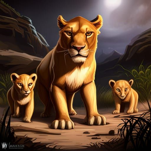 Lioness and Cubs: Dark Fantasy Concept Art
