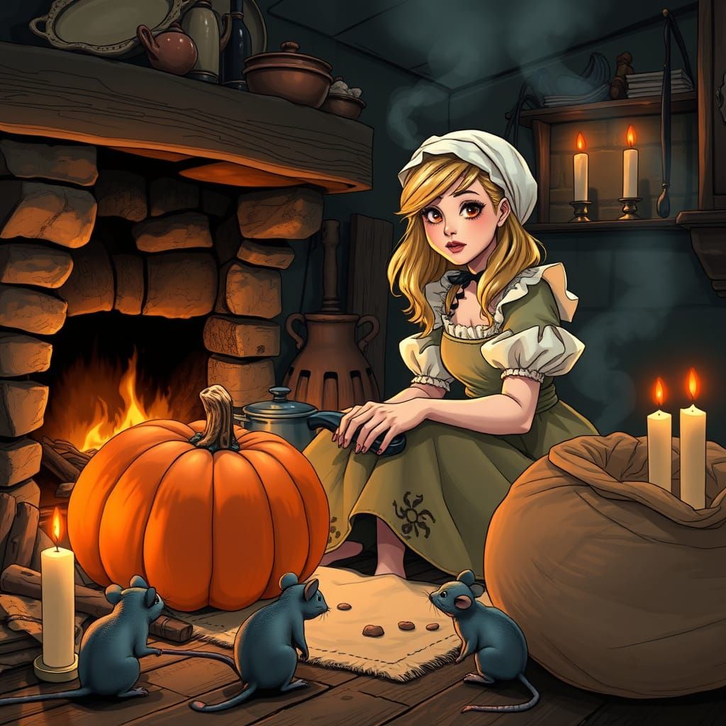 Cinderella in Cozy Hearth Scene, European Comic Style