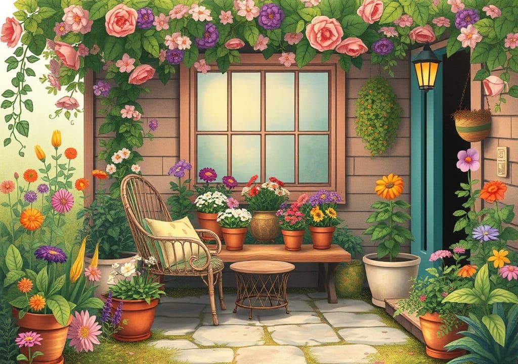 Cozy Garden Seating: Whimsical Storybook Illustration