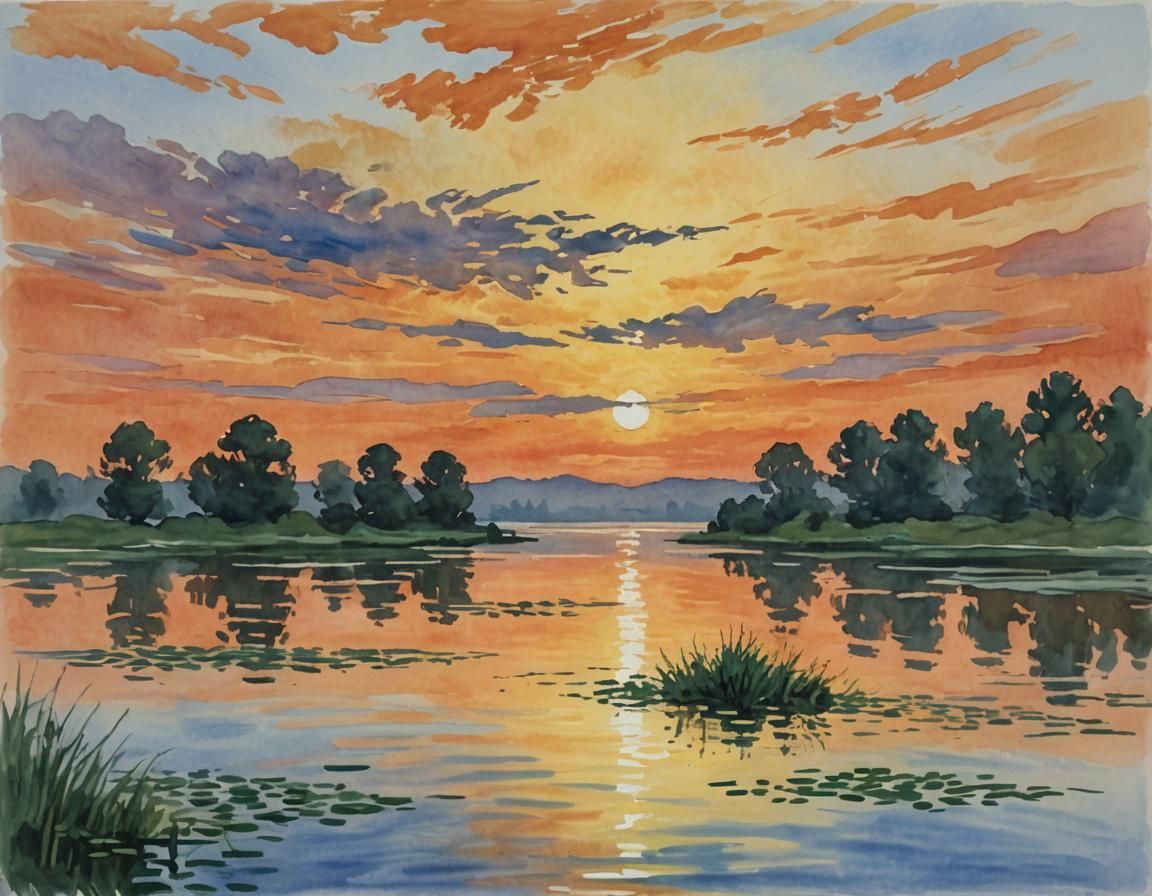 Orange Sunset Lake: Impressionist Gouache Painting
