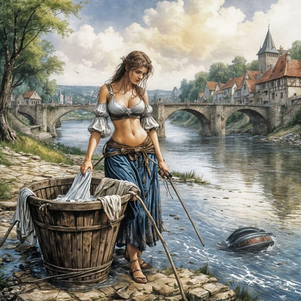 Medieval Woman Doing Laundry: Comic Book Illustration