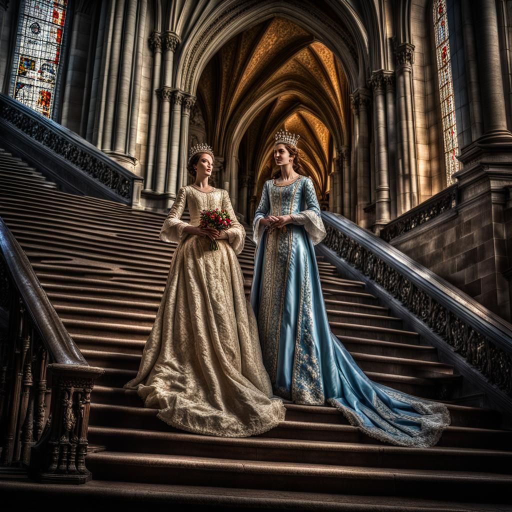 Medieval Queens on Cathedral Staircase in HDR