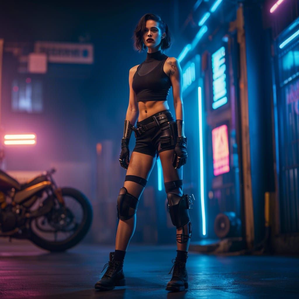 Cyberpunk Vigilante Woman with Motorcycle and Guns
