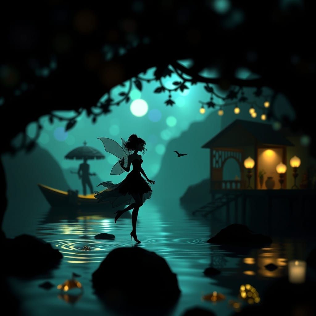 Ethereal Flapper Goddess Emerging from Shadowy Cove