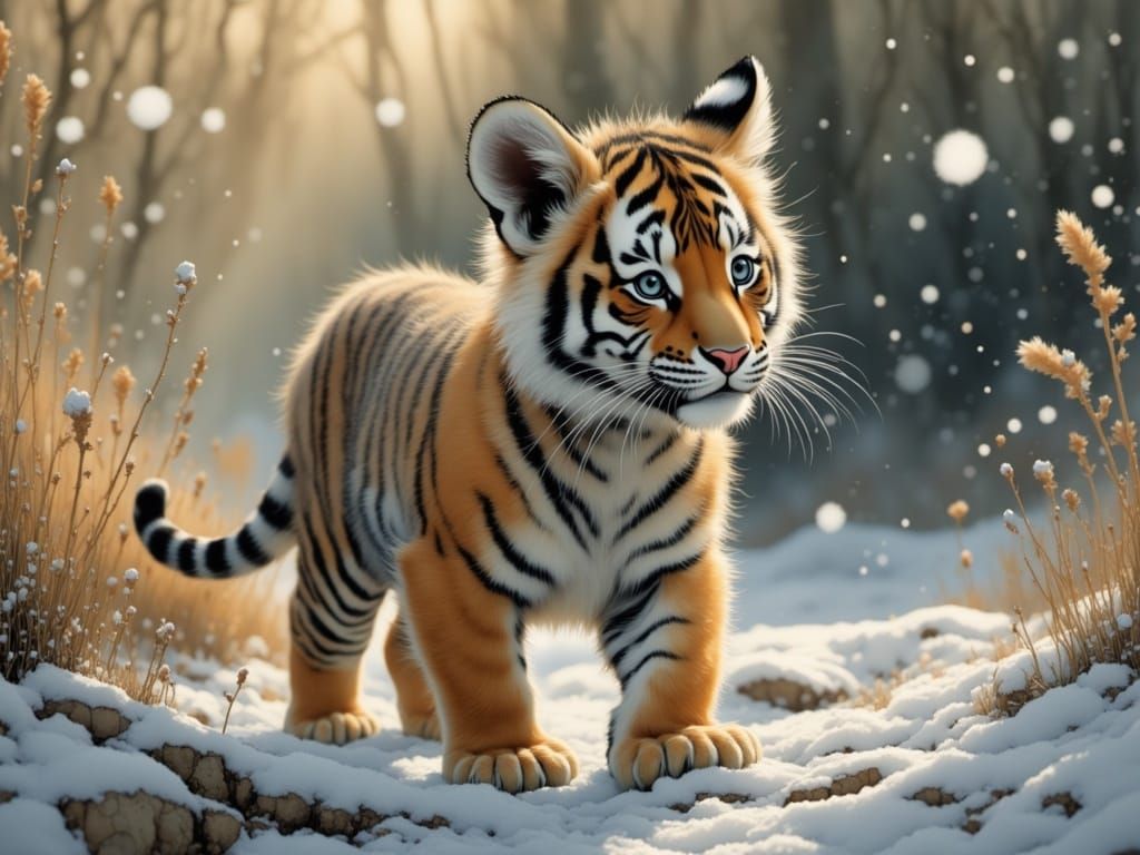 Whimsical Tiger Cub Discovers Snowy Forest in Golden Light