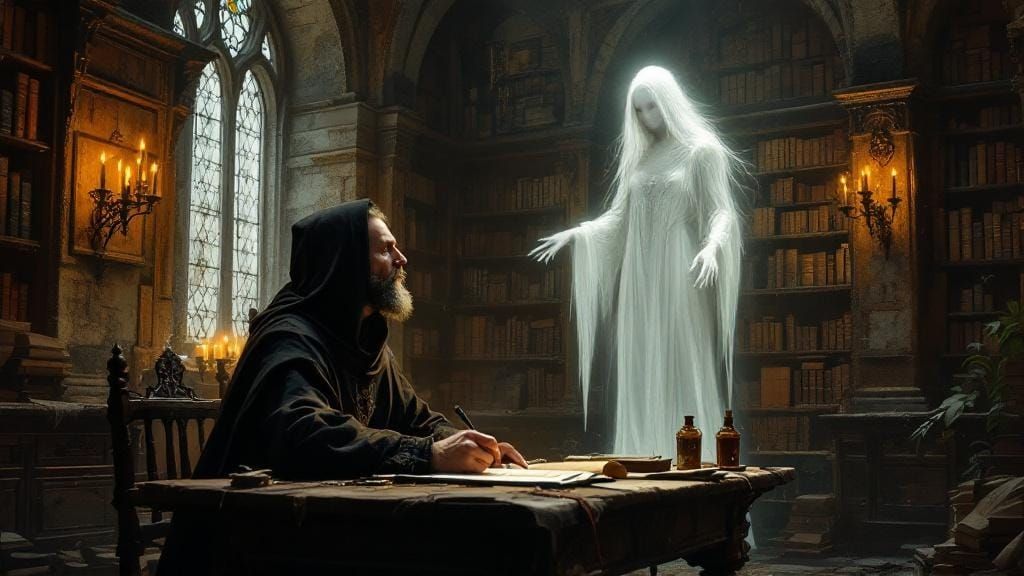 Monk Confronted by Ghost in Dilapidated Abbey