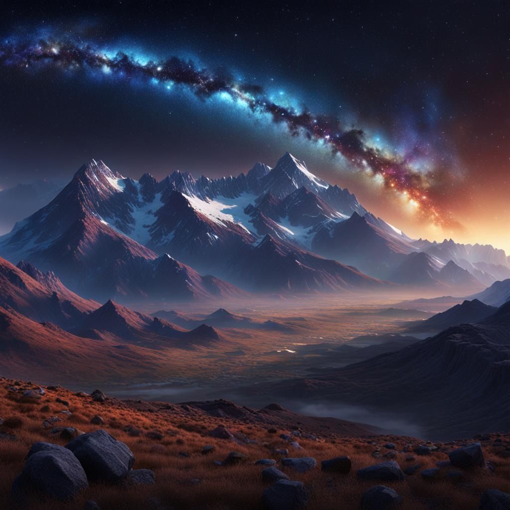 Night Sky Over Mountain Valley: Fantasy Concept Art