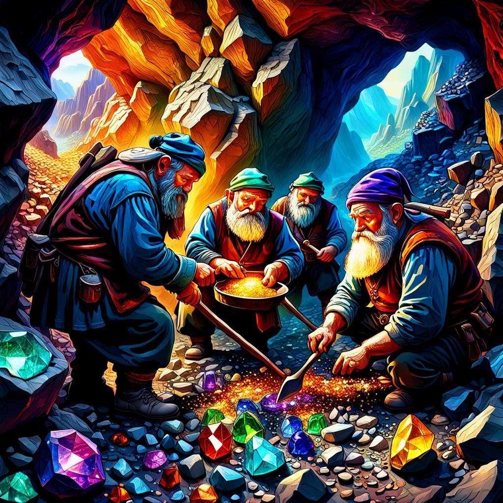 Dwarves Mining Sparkling Gems in Vivid Mine