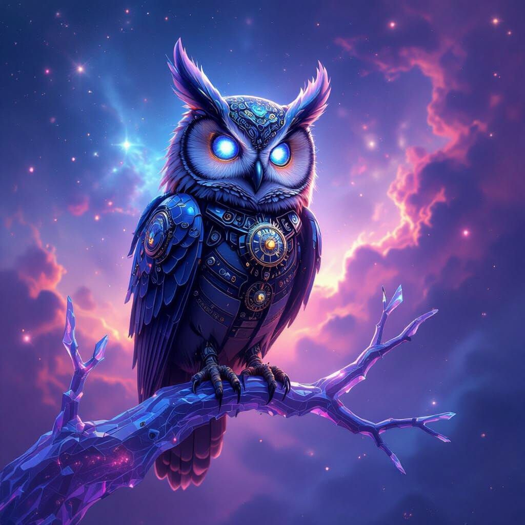 Mechanical Owl Surveys Cosmic Nebula in Psychedelic Style