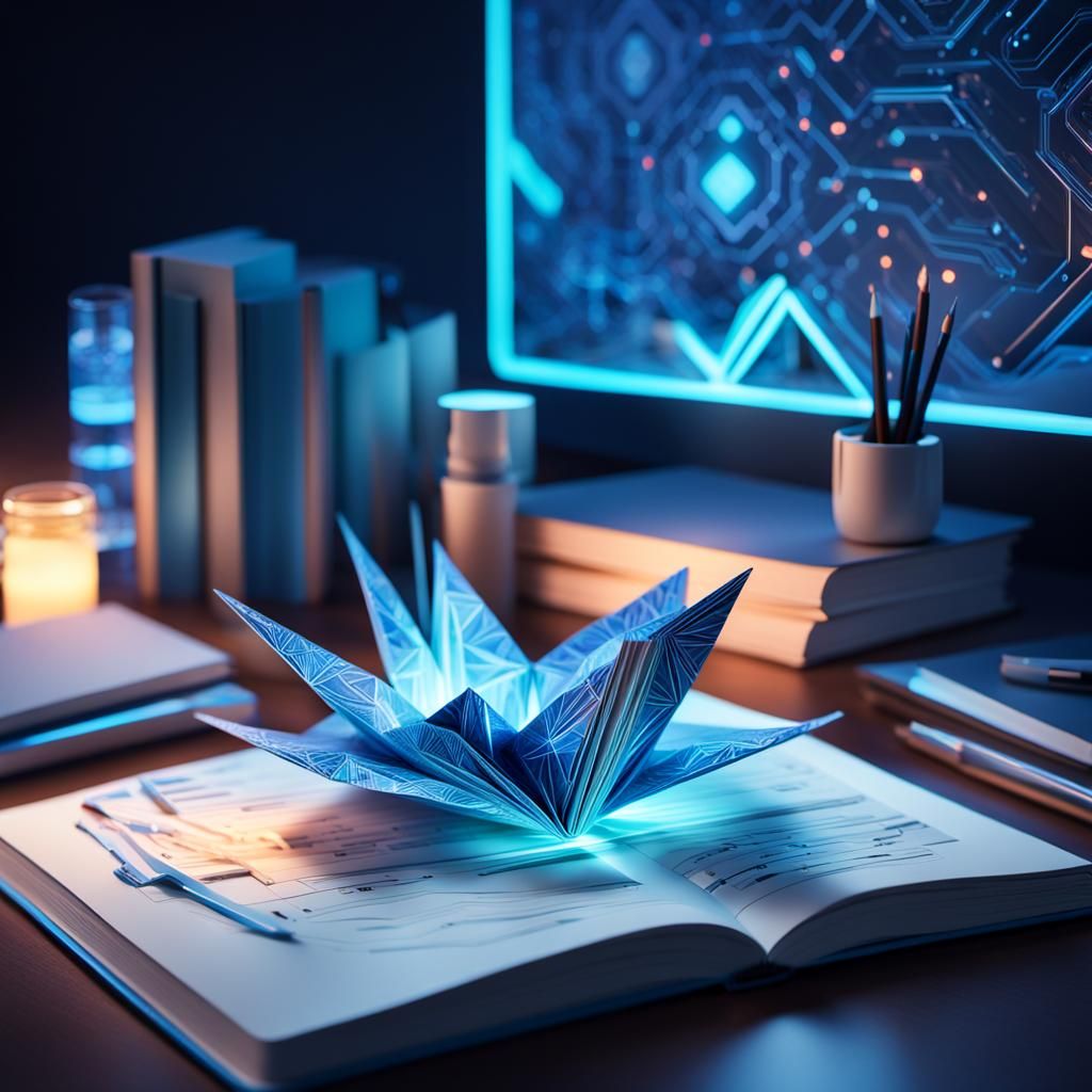 High-Tech Origami Book with Glowing Circuits: Digital Art
