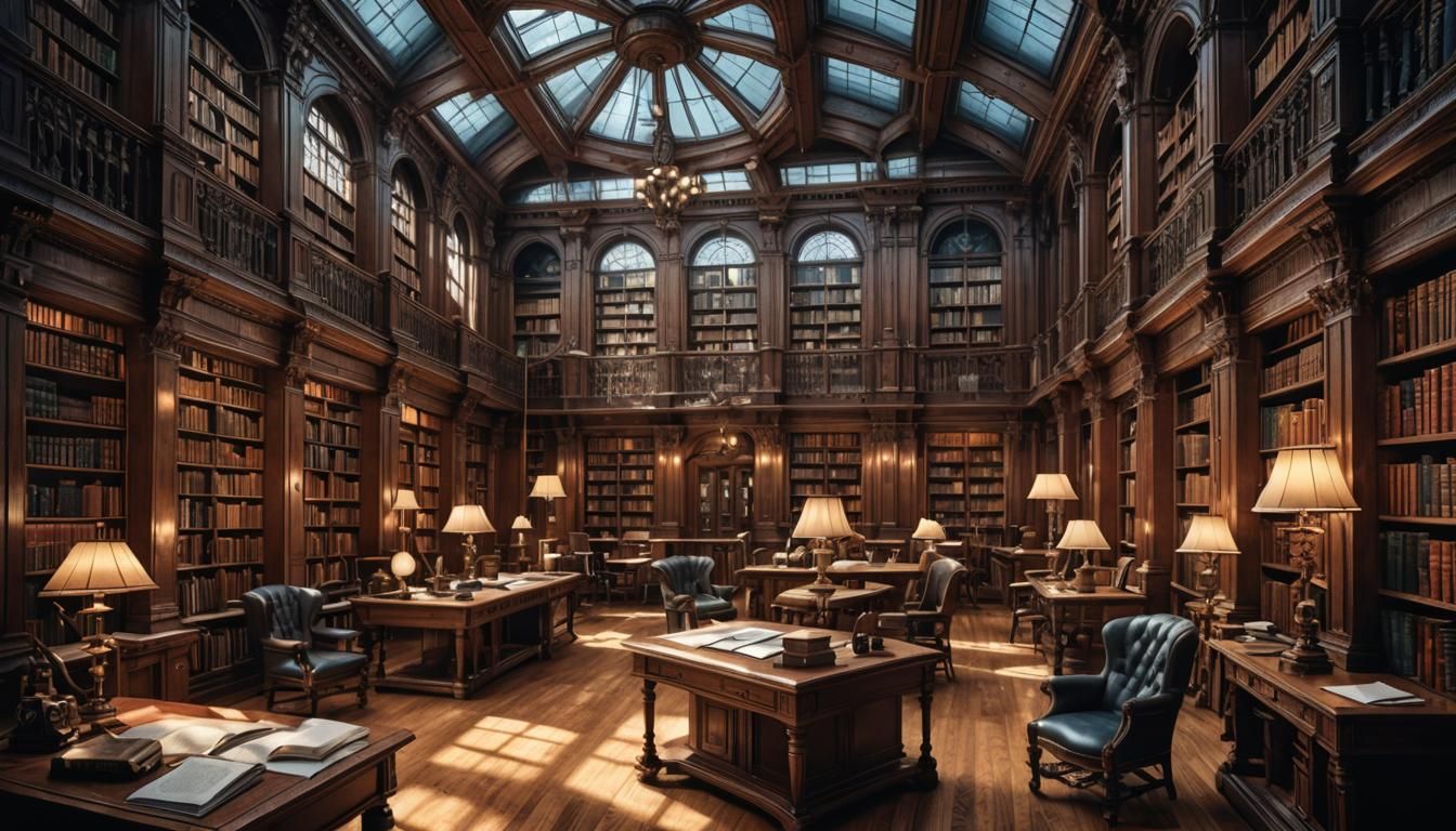 Hyperrealistic Victorian Library with Starship Blueprints