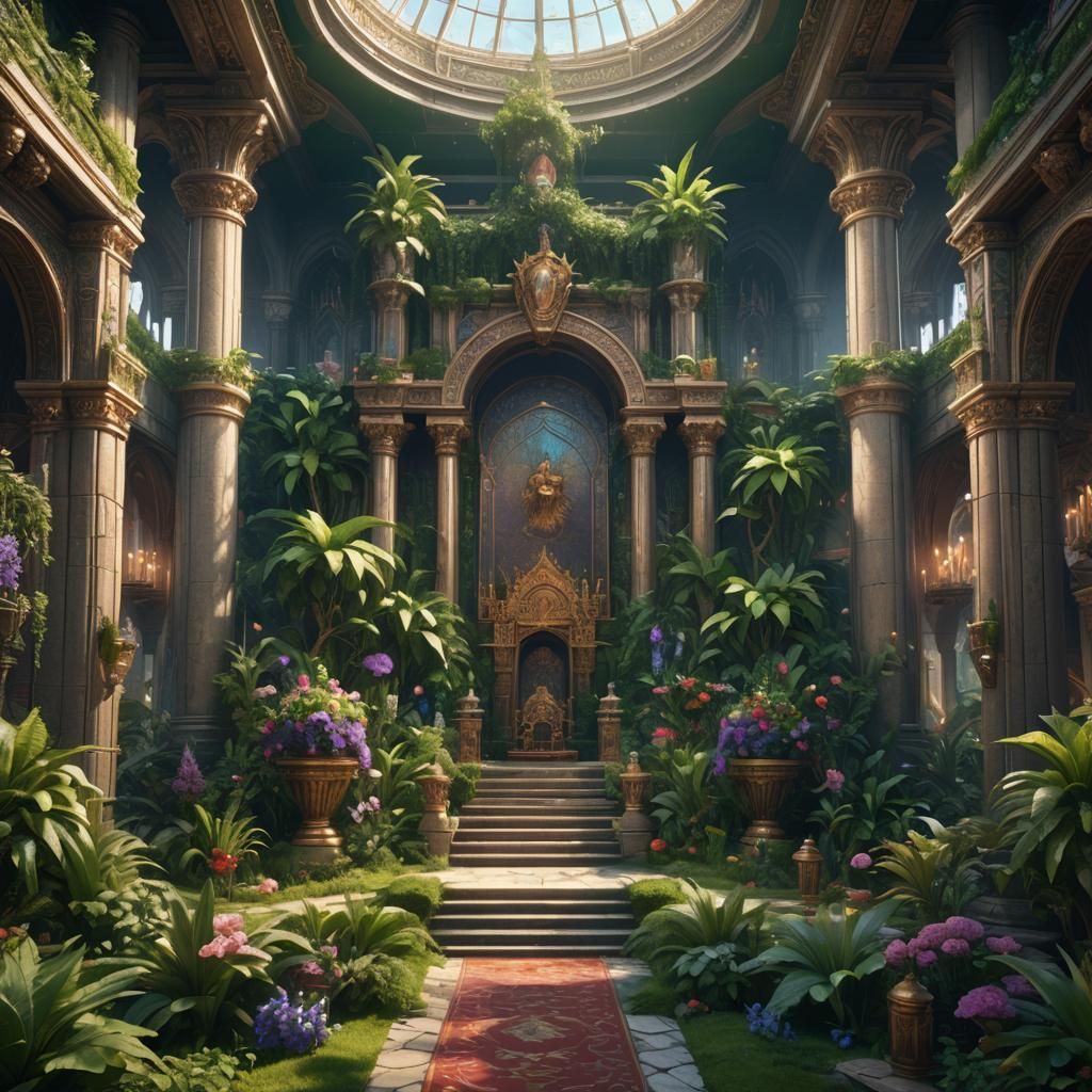 Fantasy Throne Room with Lush Gardens in Emerald and Amethys...