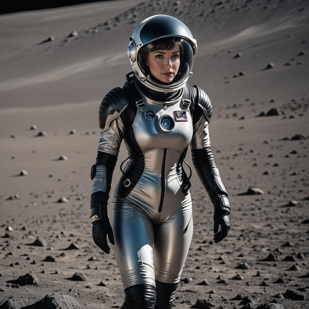 056 A beautiful female astronaut wearing a silver spacesuit ...