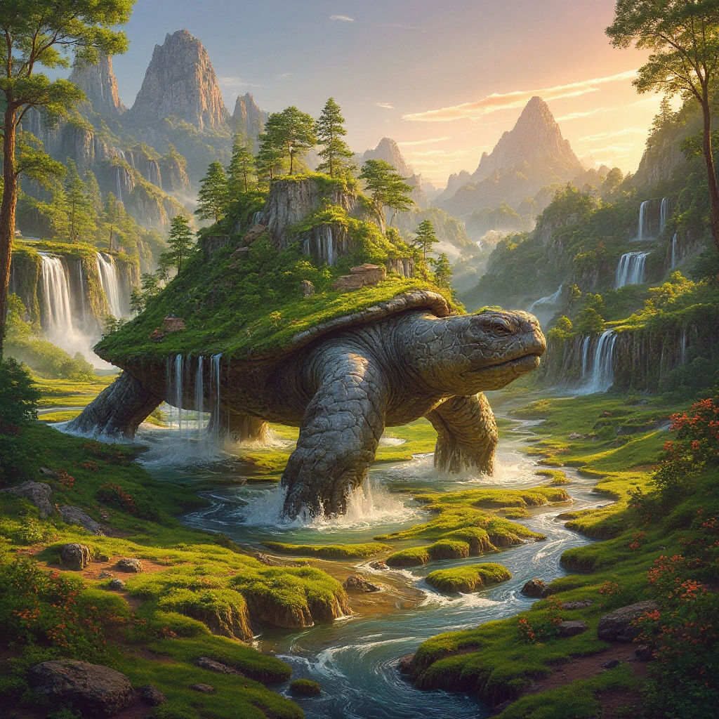 Giant Turtle Carrying a Landscape: Cinematic Masterpiece