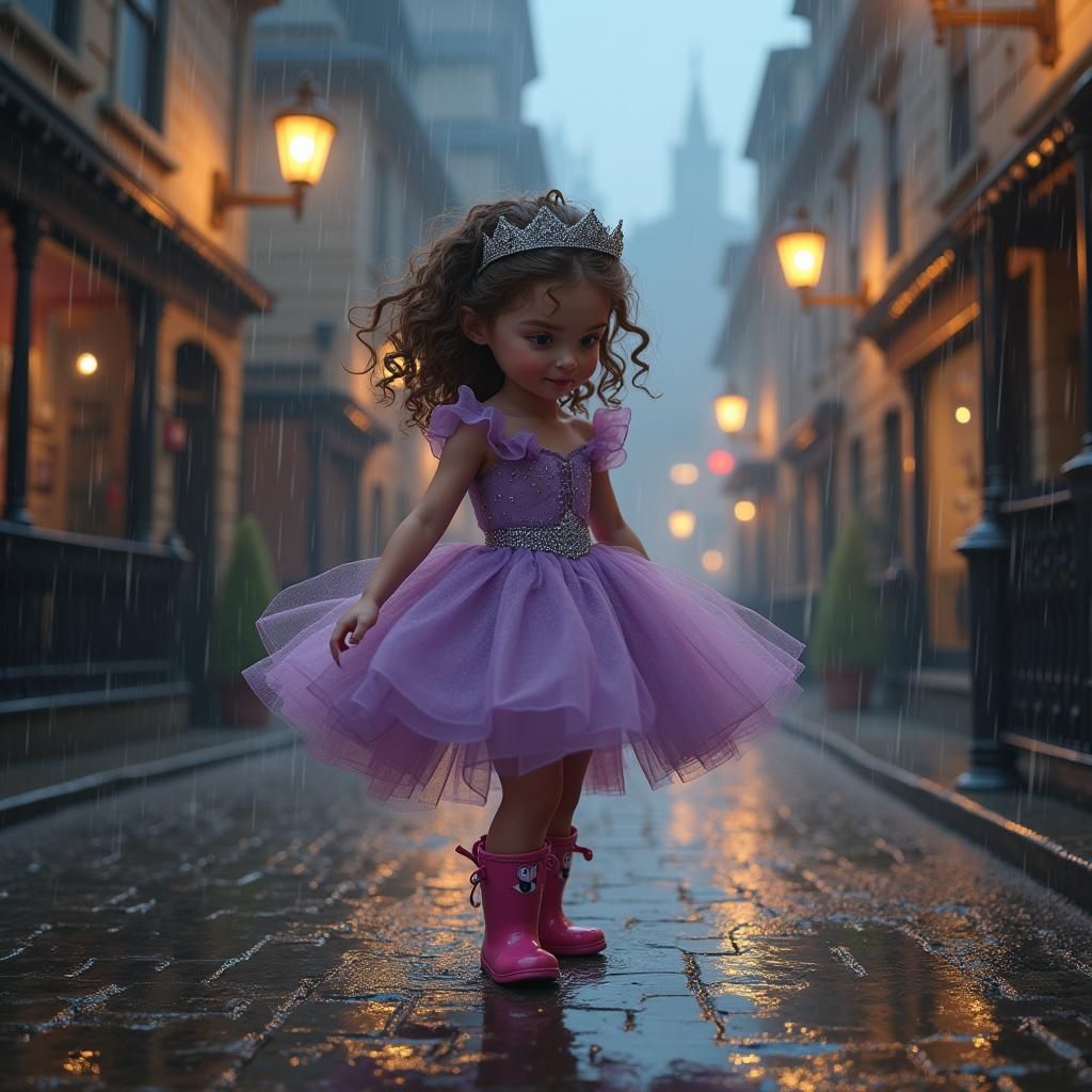 Girl in Princess Dress Dancing in Rain, Matte Painting