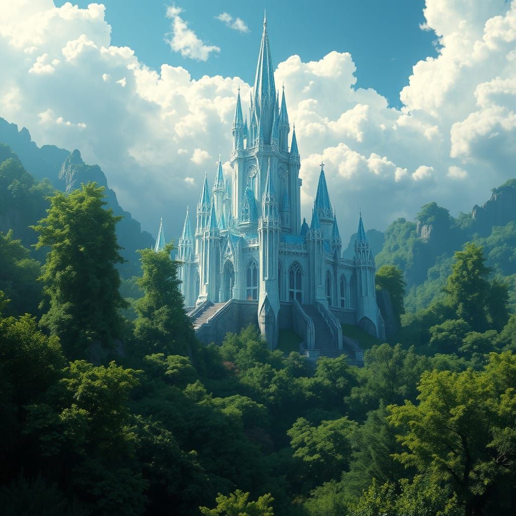Crystal Castle Amidst Lush Green Forest in Iridescent Clouds