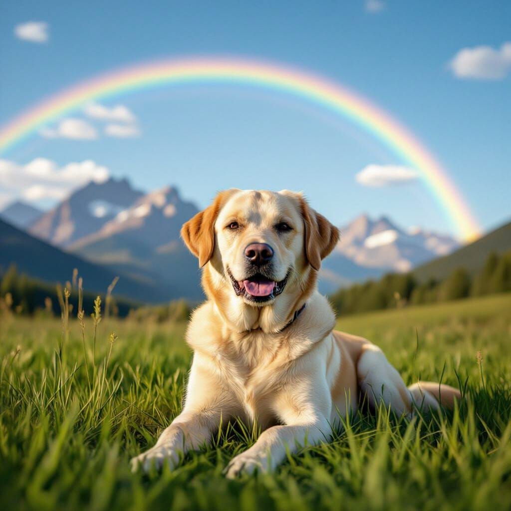 Labrador in Meadow with Rainbow and Mountains