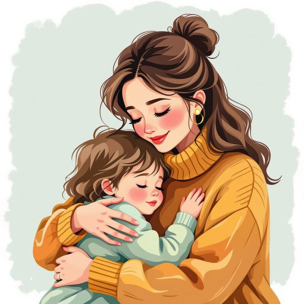 Compassionate Mother Embracing Child in Whimsical Art Style