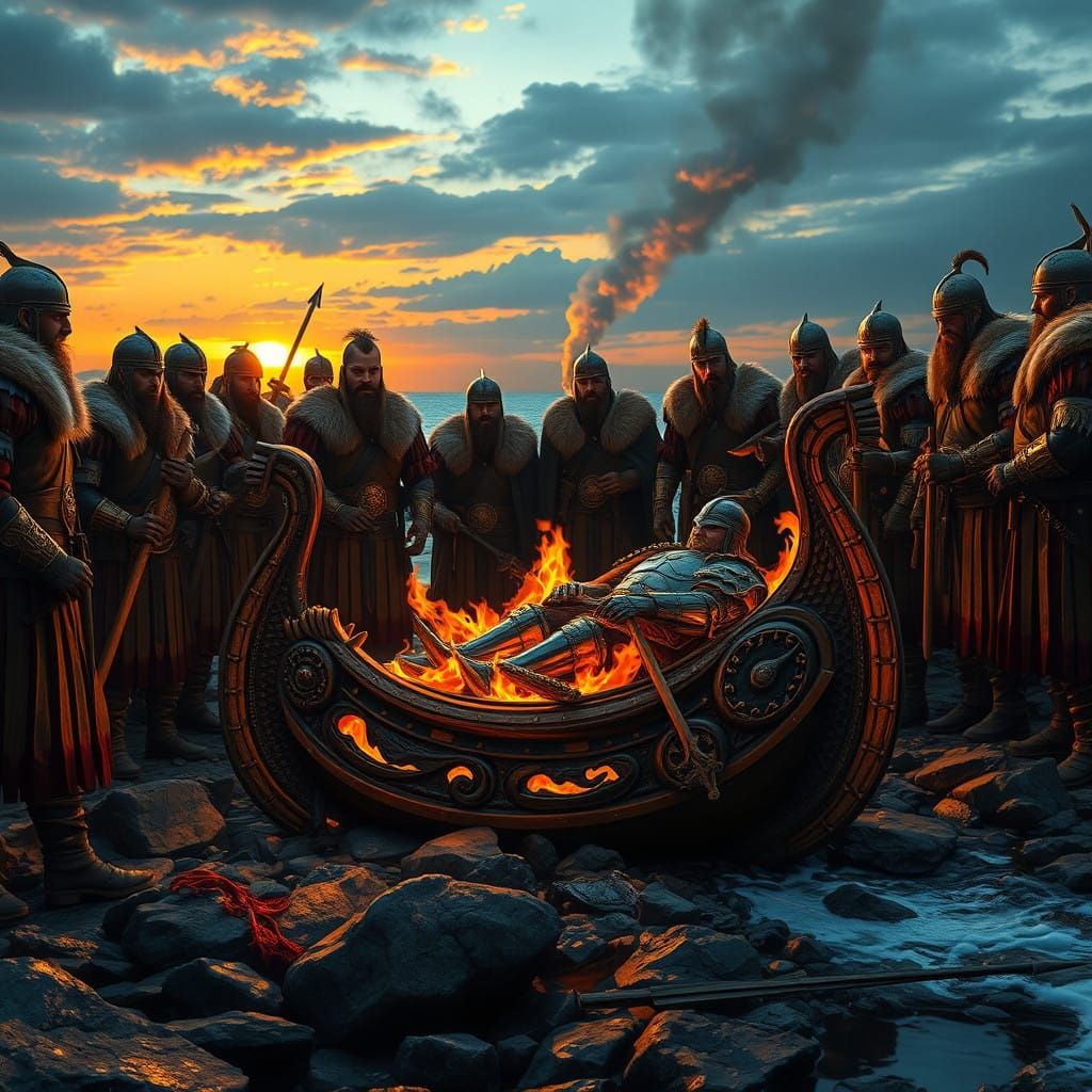 Viking Warriors Bidding Farewell in Golden Light