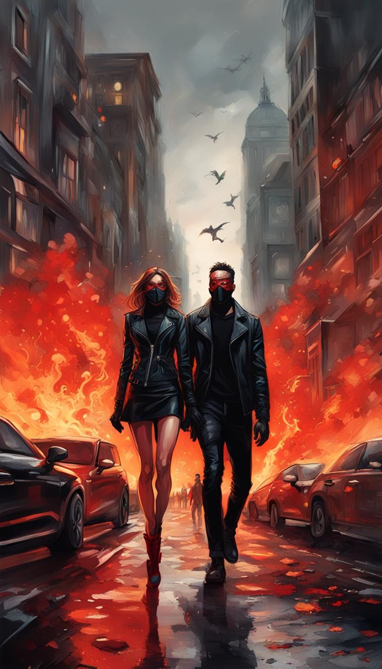 Burning City: Woman in Leather with Masked Man