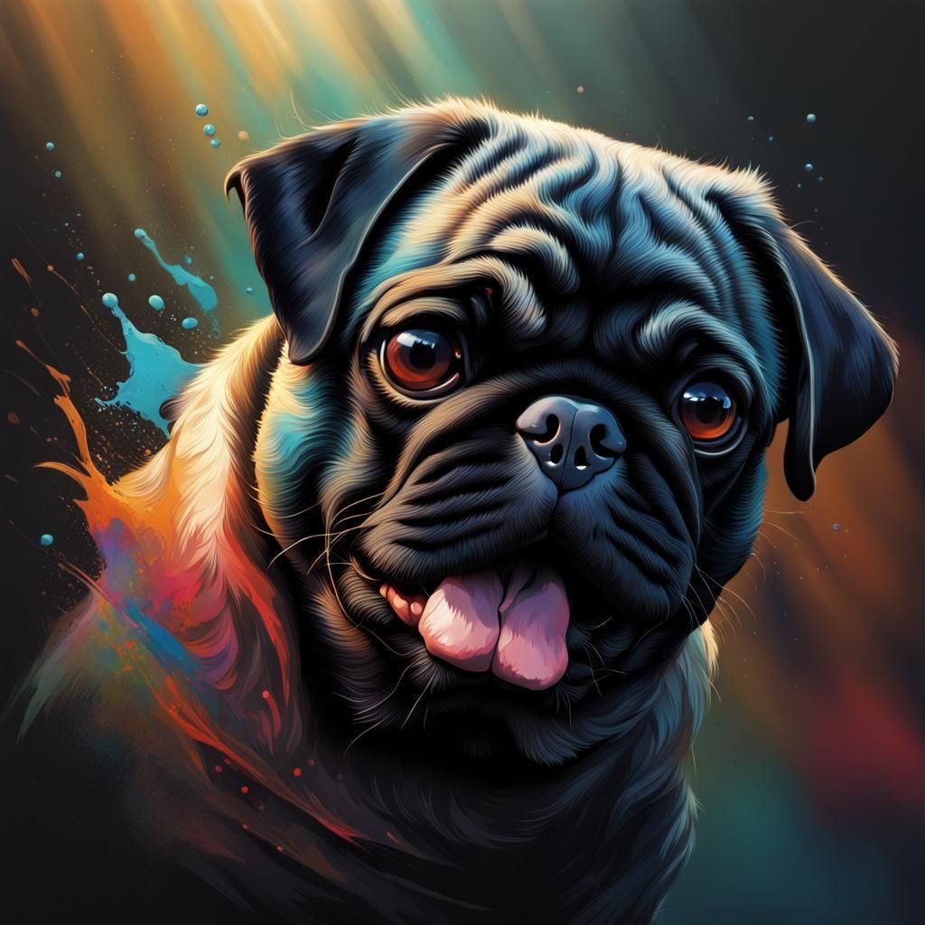 Hyperrealistic Black Pug Portrait in Splash Art Style