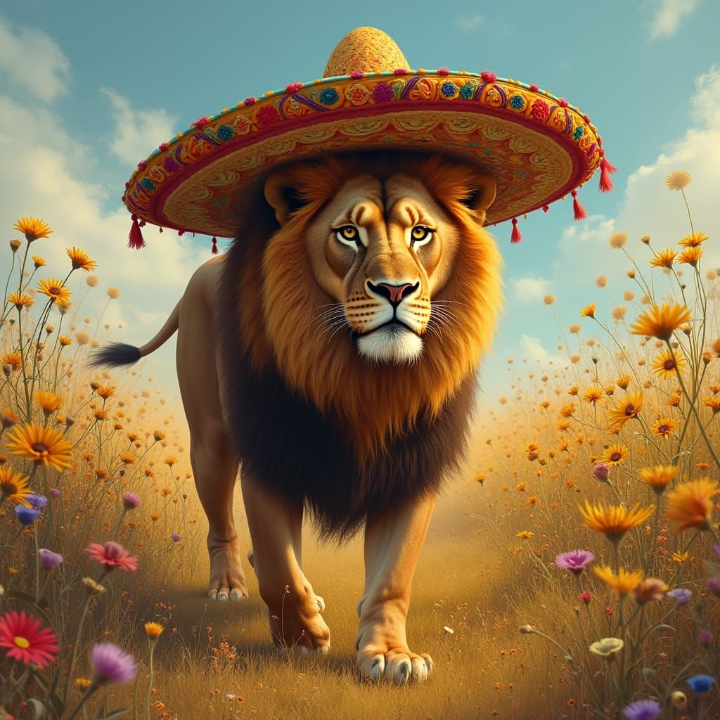 Lion in Sombrero: A Surreal Wildflower Dream