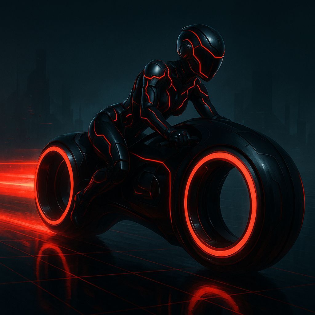 Futuristic Android Rider on High-Speed Light Cycle