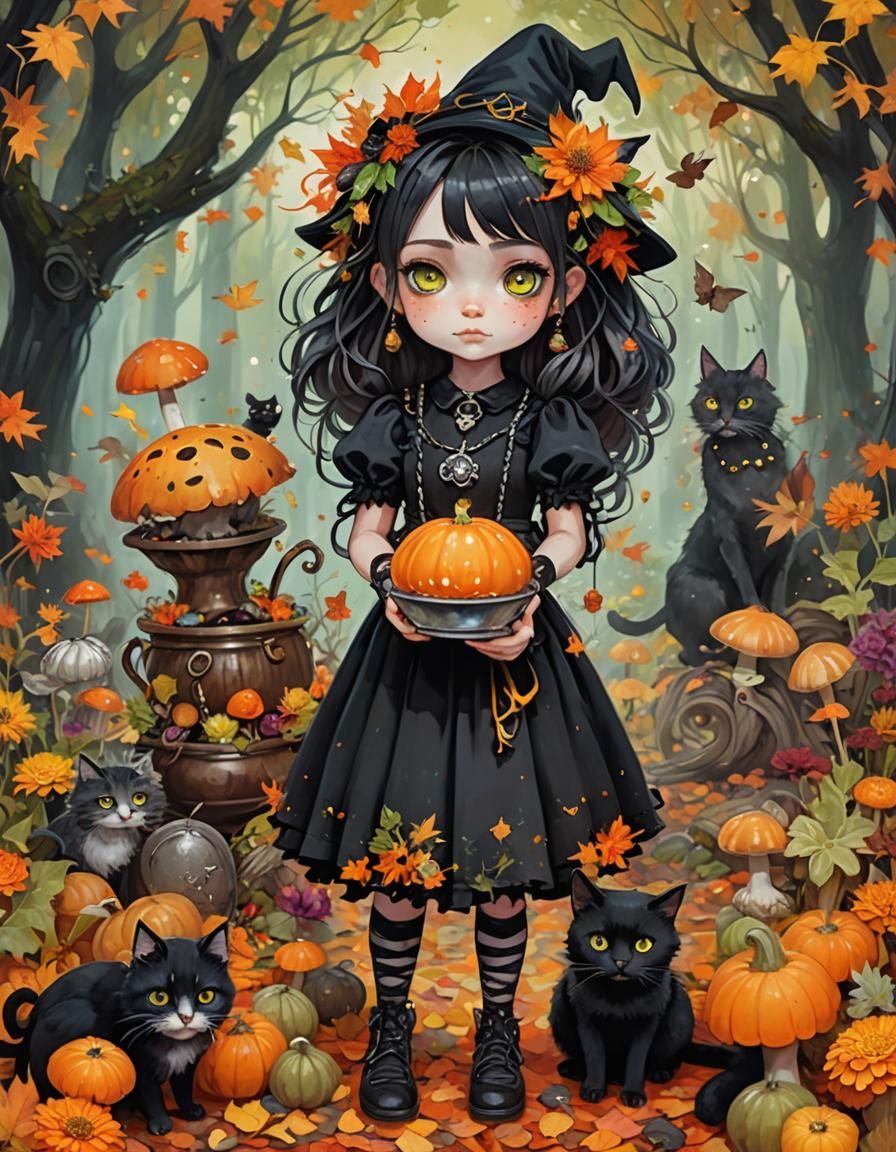 Enchanting Little Girl Witch in Autumn Fantasy Style