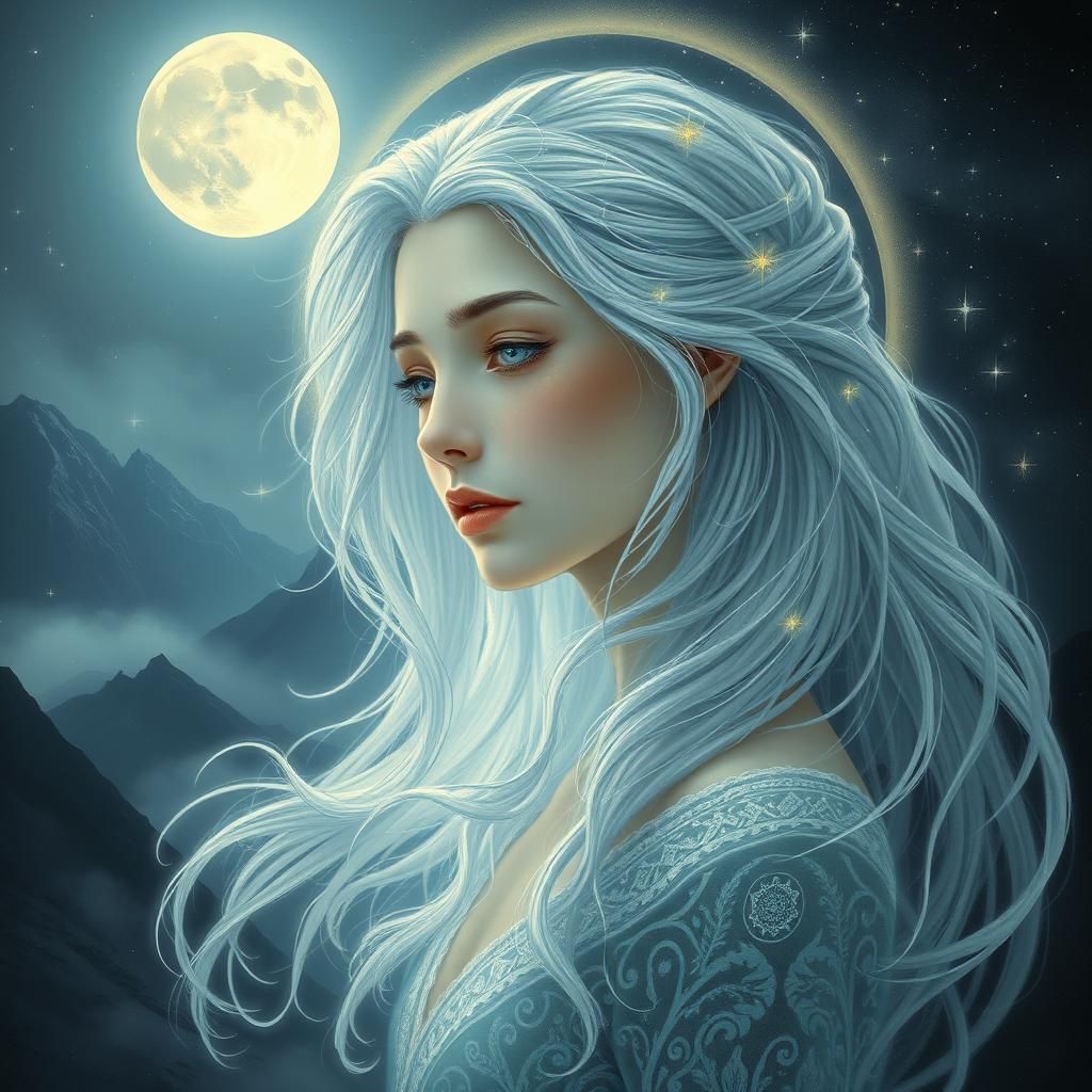 Ethereal Woman in Moonlit Landscape