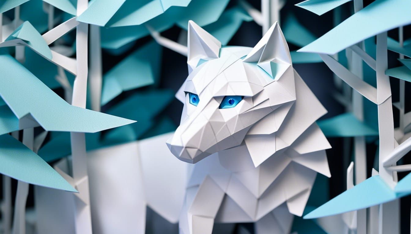 An origami snow wolf searching the paper forest...