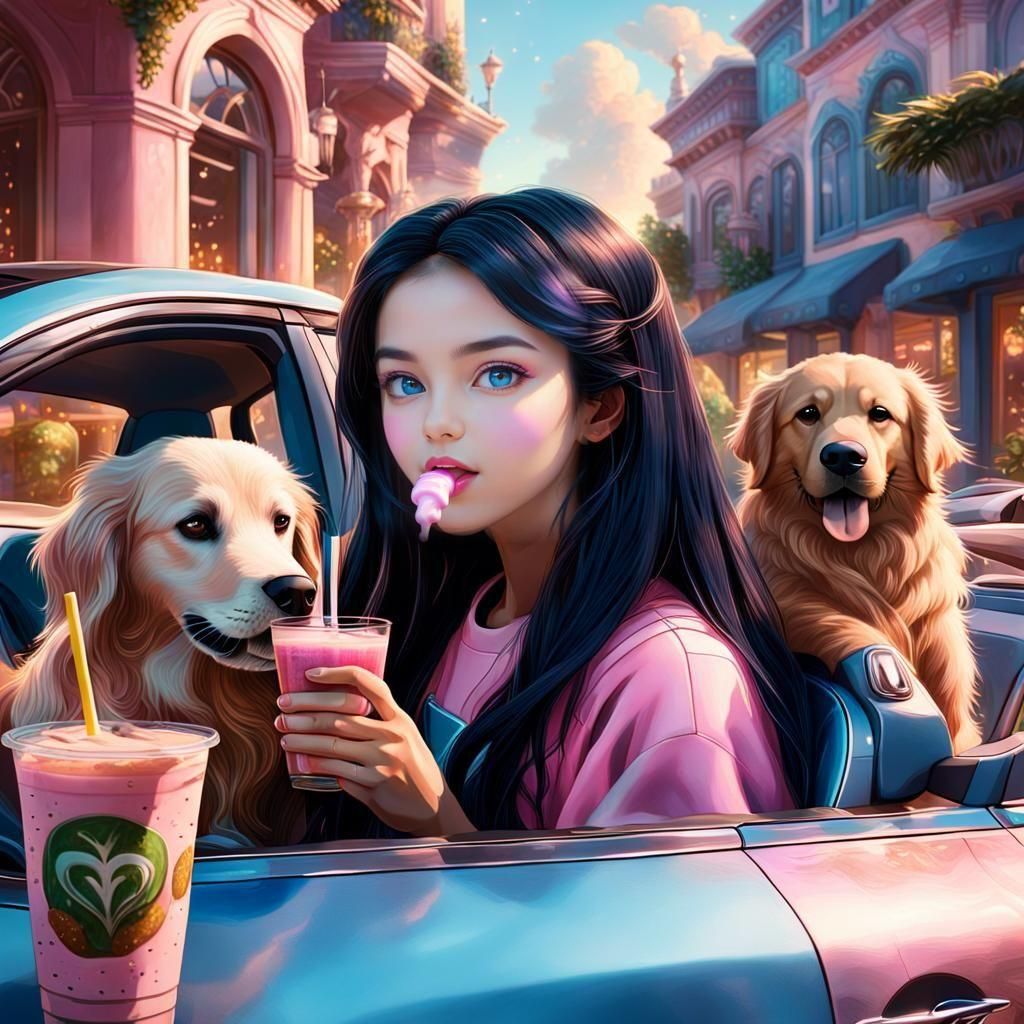 Girl and Dog in Blue Tesla: Fantasy Concept Art