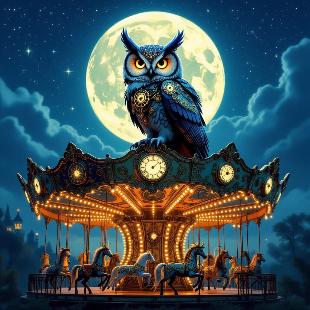Clockwork Owl on Steampunk Carousel Under Starry Night