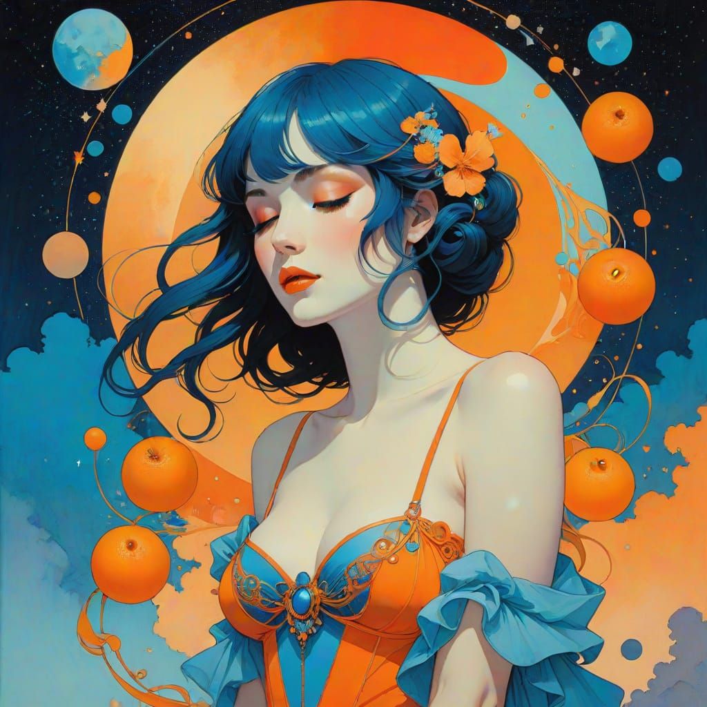 Cosmic Serenade in Art Nouveau Style with Oranges and Blues