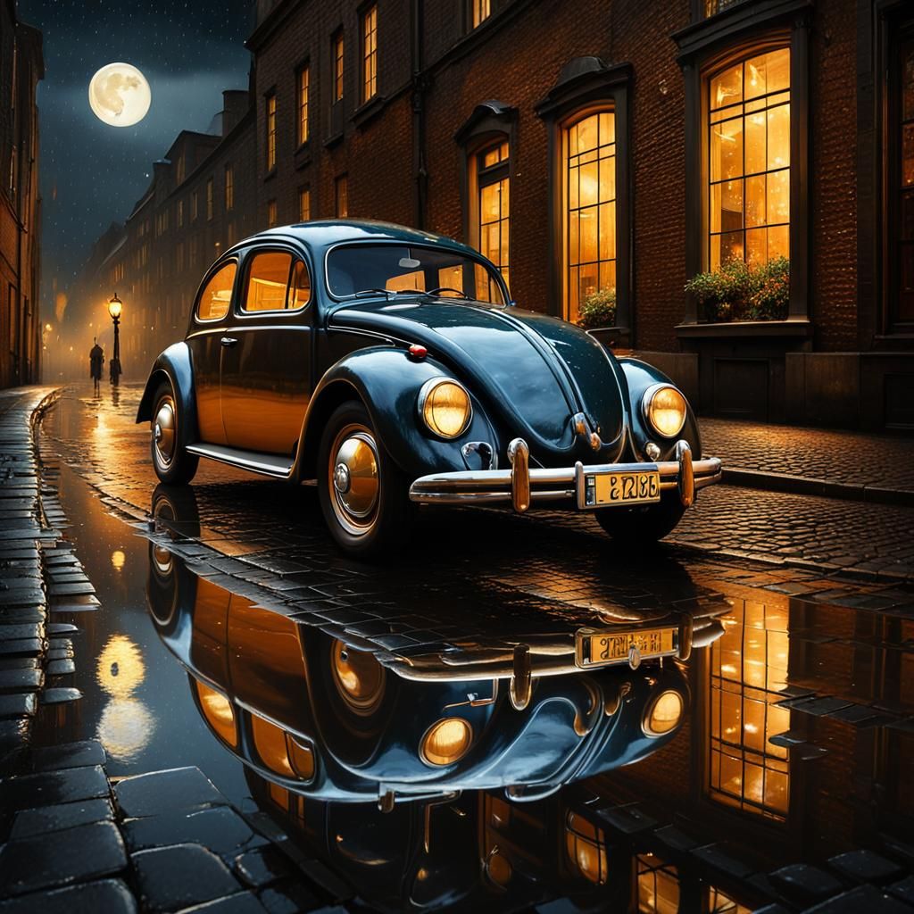 1930s VW Beetle in Rainy City, Rembrandt Style