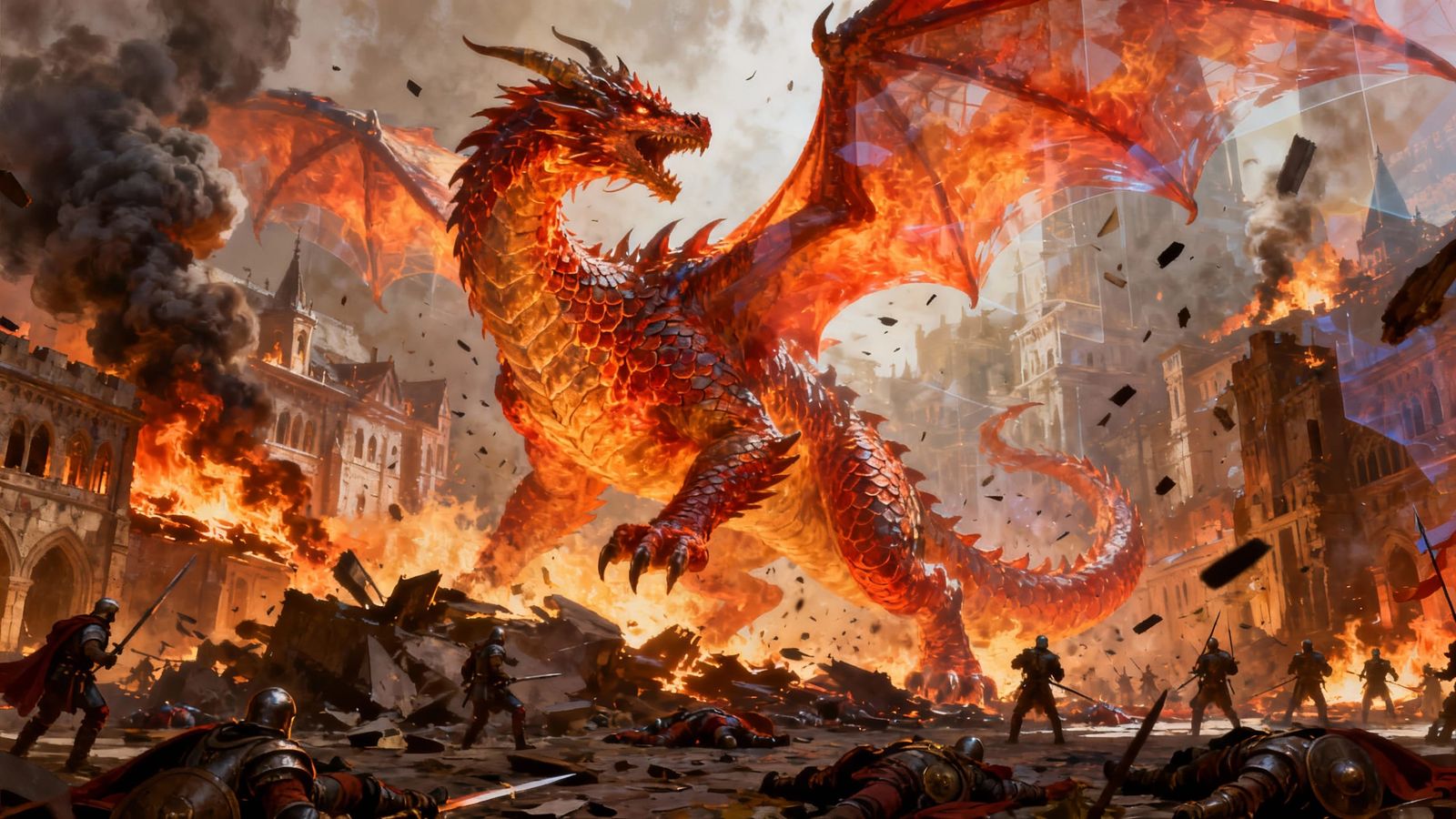 Mighty Fire Dragon Unleashes Chaos in City Illustration