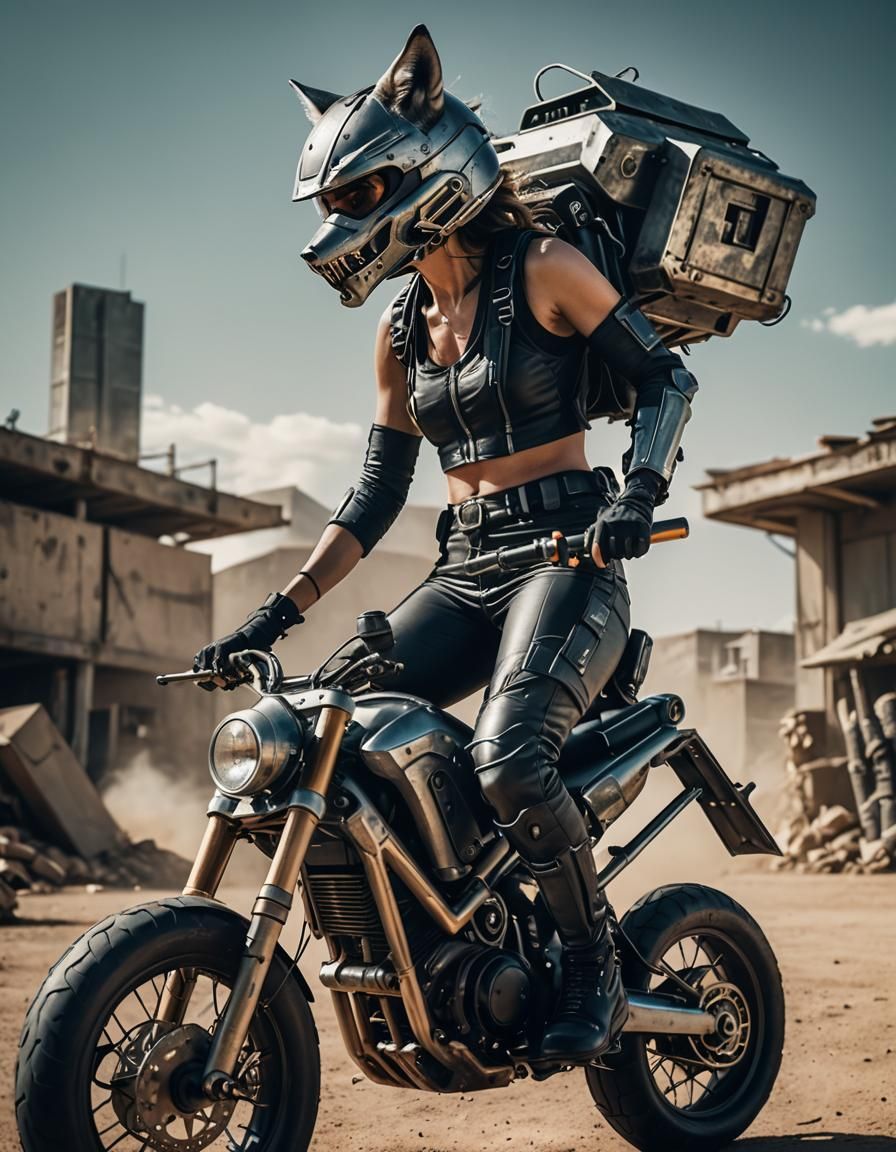 Futuristic Biker with Wolf Helmet, Cinematic Film Still