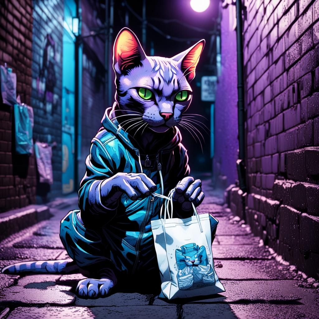 Comic Art: Tattooed Cat in Neon Alleyway