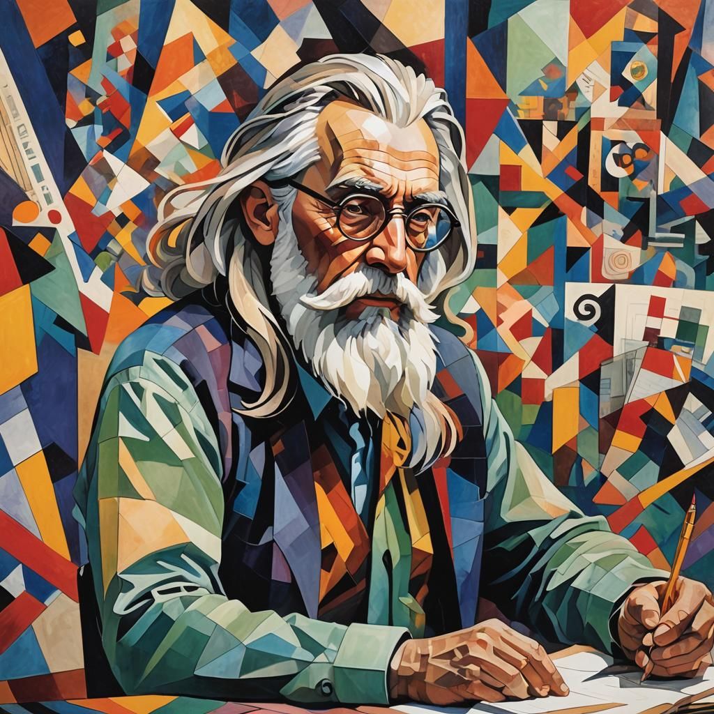 An Older Man Writes in a Vibrant, Cubist Study