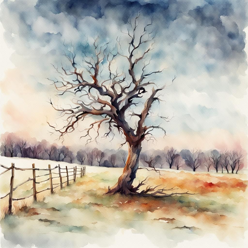 Twisted Tree in Winter: Loose Watercolor Landscape