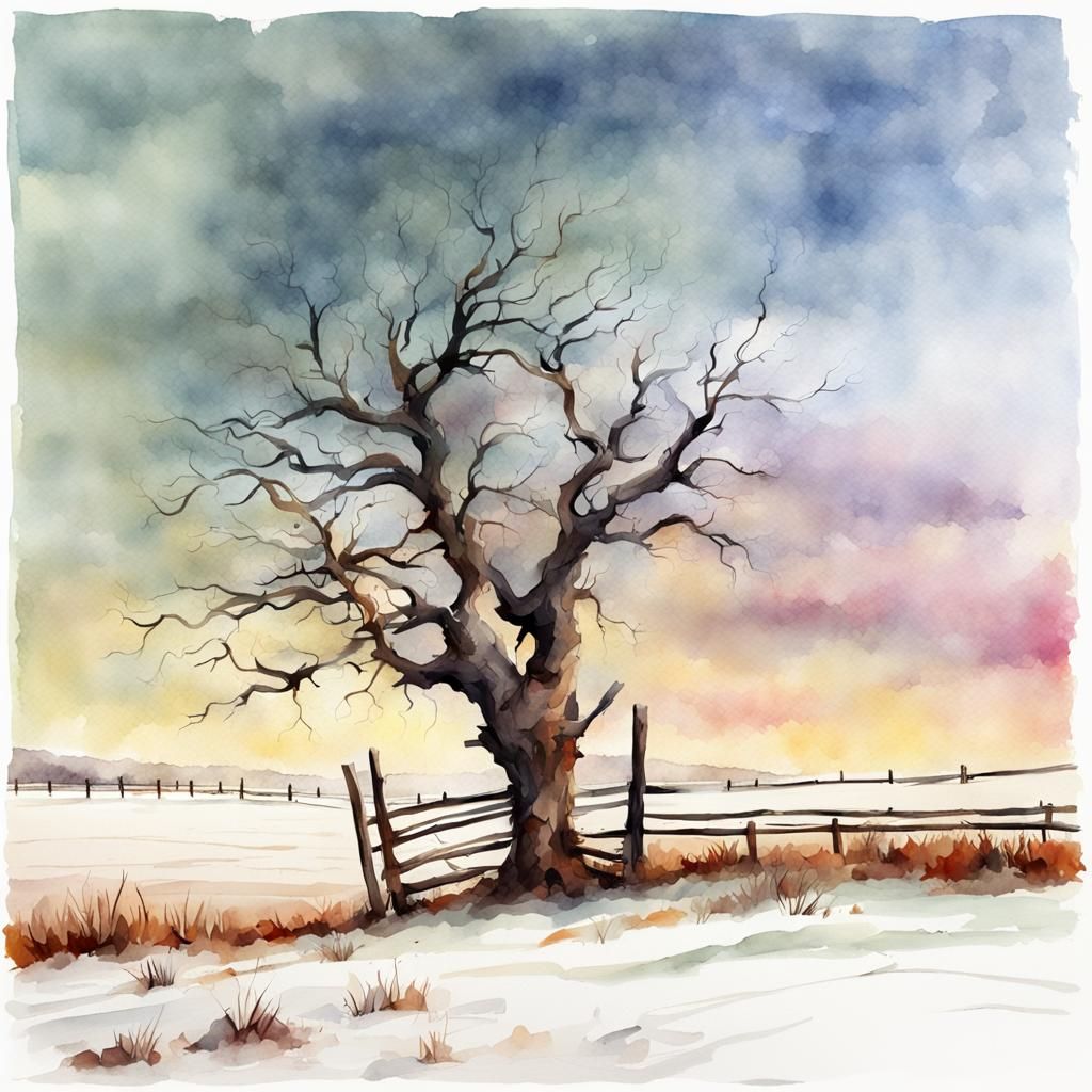 Lone Twisted Tree in Watercolor Winter Field