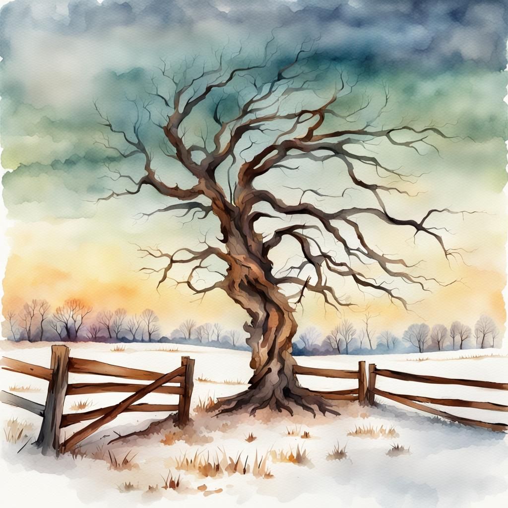 Lone Twisted Tree in Winter Watercolor