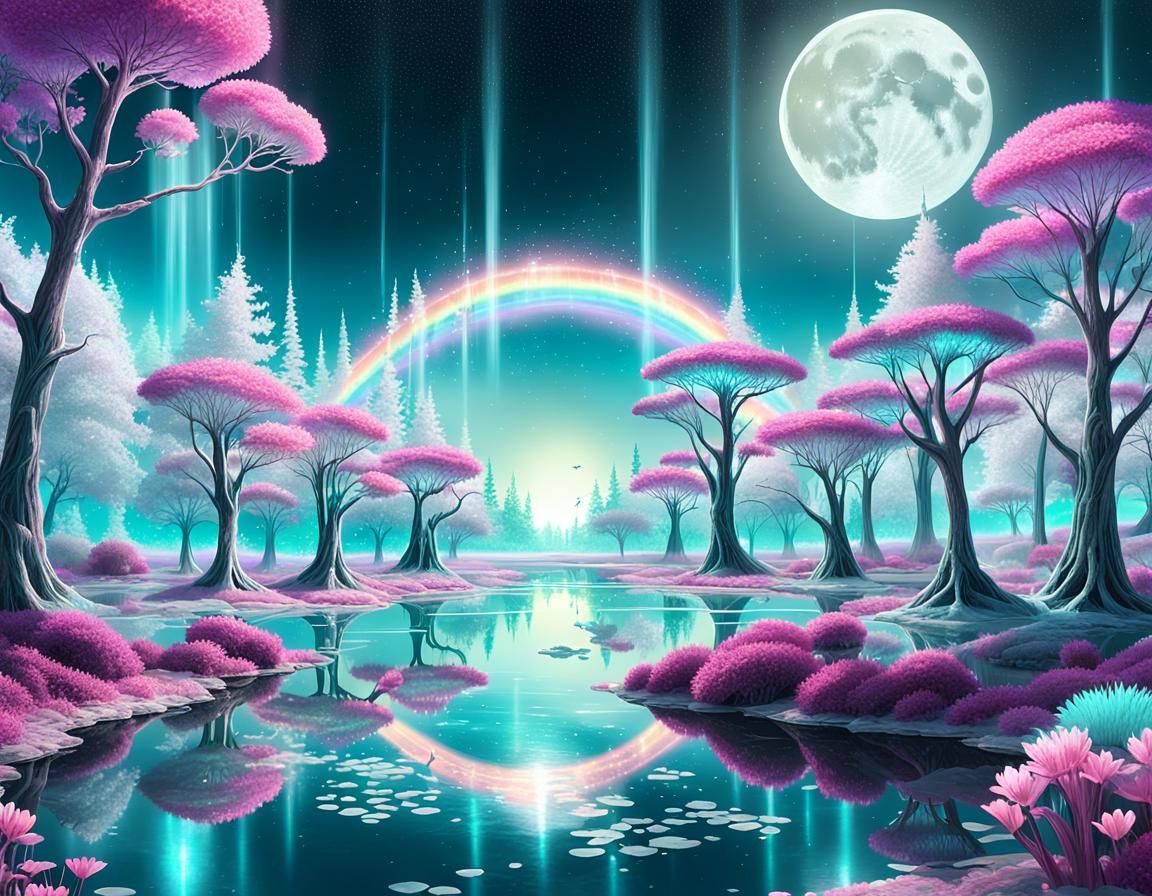 Bioluminescent Alien Garden with Pastel Rainbow