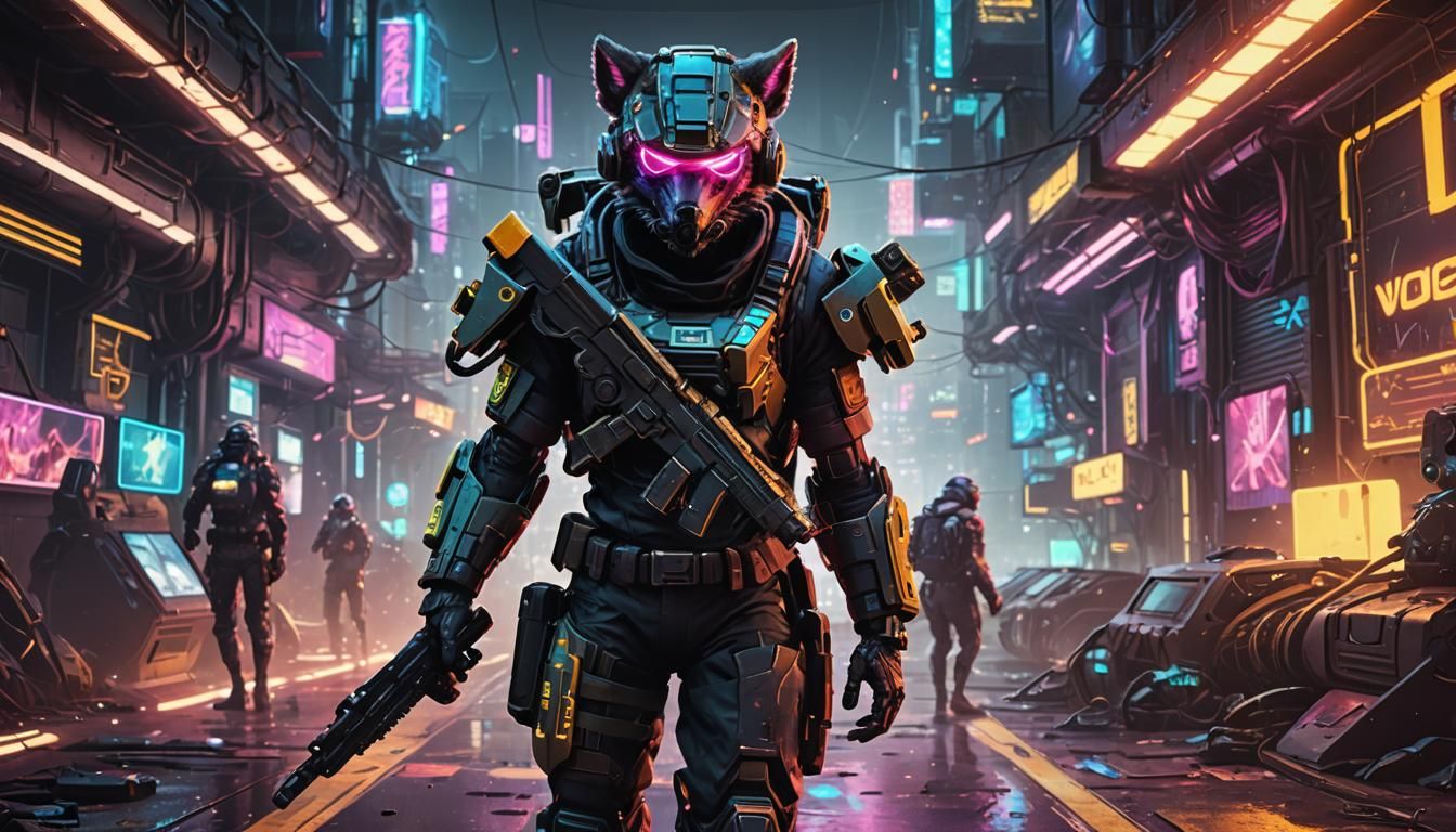 Cyberpunk Furry Soldier in Warzone Concept Art