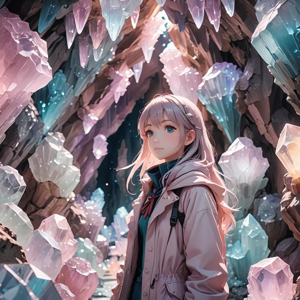 Anime Girl Exploring Crystal Caves in Pastel Colors