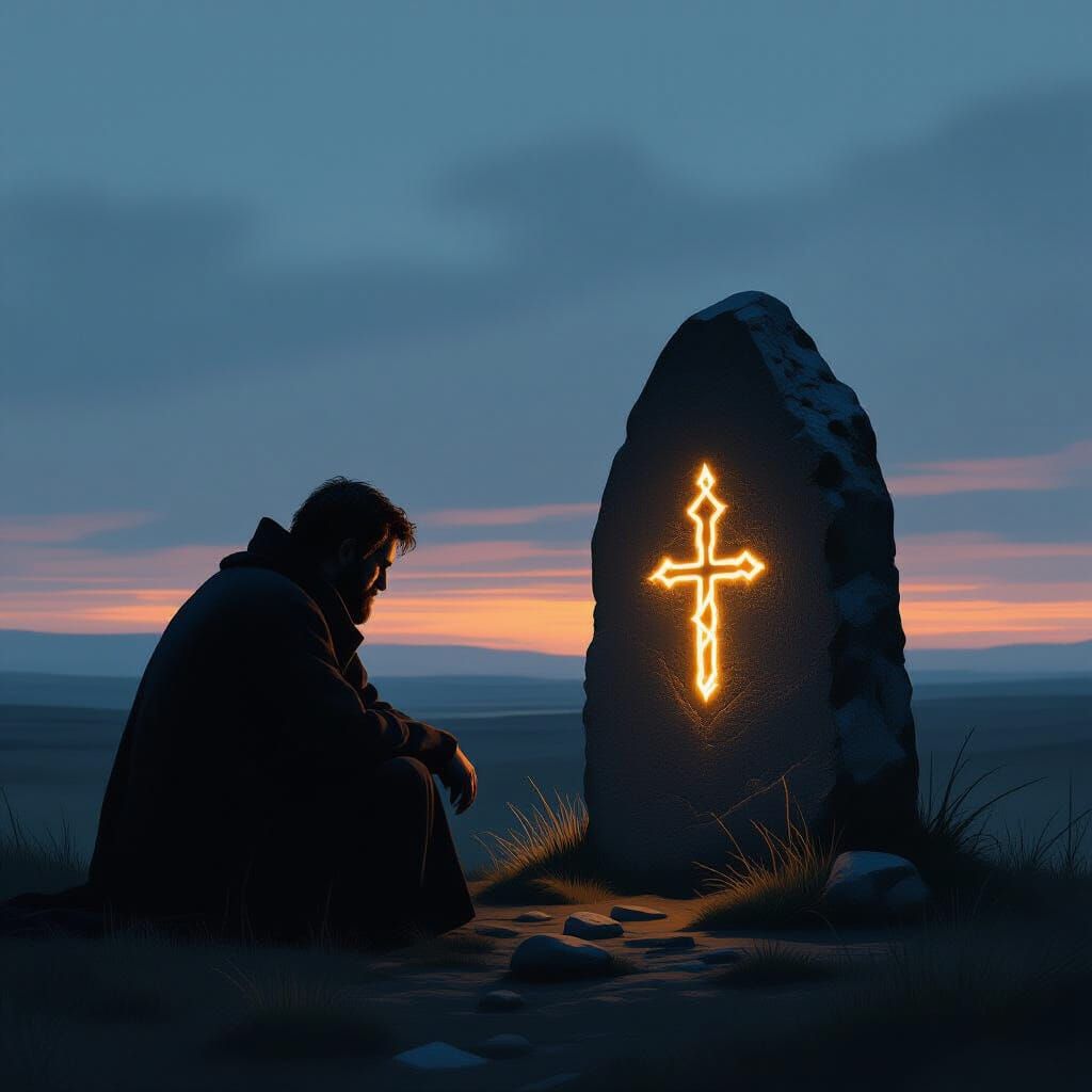 Mysterious Man Contemplates Glowing Rune in Minimalist Lands...