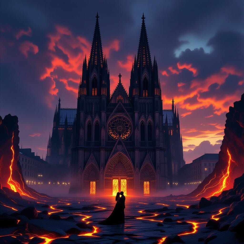 Gothic Cathedral Amidst Lava Sea With Lovers