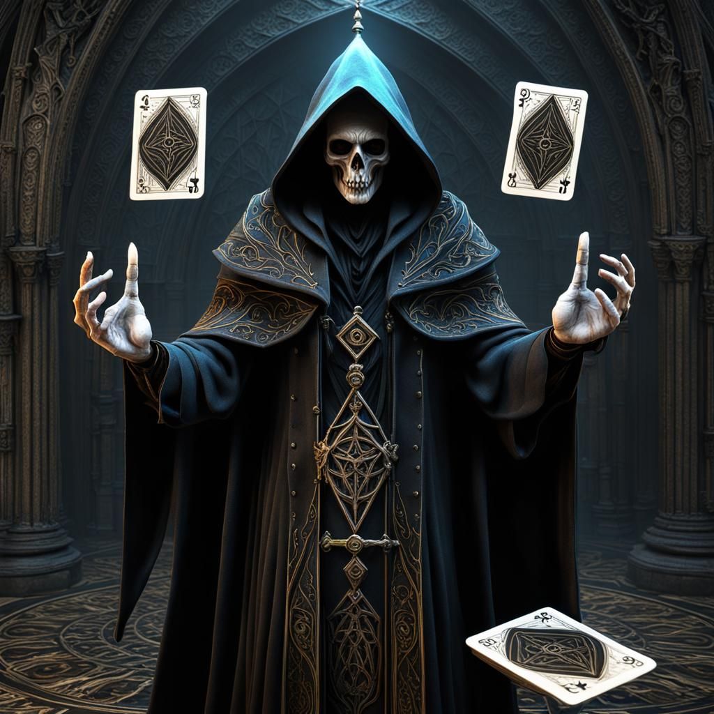 hooded sorcerer flipping tarot cards