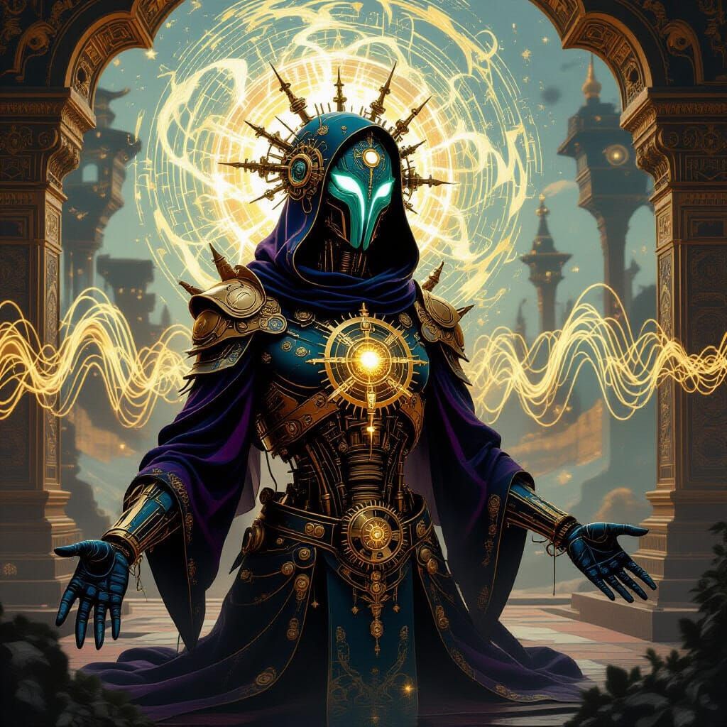 Cosmic Entity with Steampunk Gears and Van Gogh Luminescence