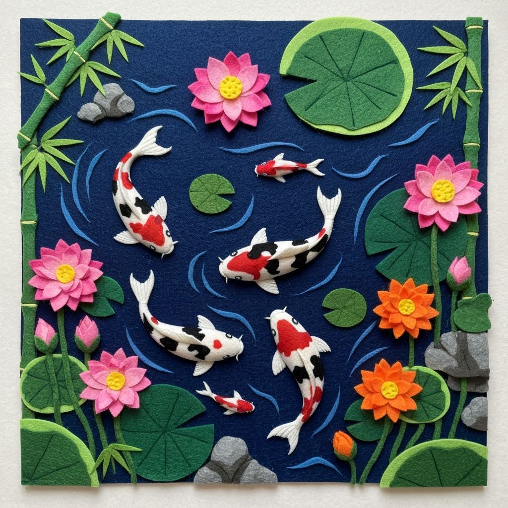 Felt Japanese Koi Pond with Lotus Flowers Artwork