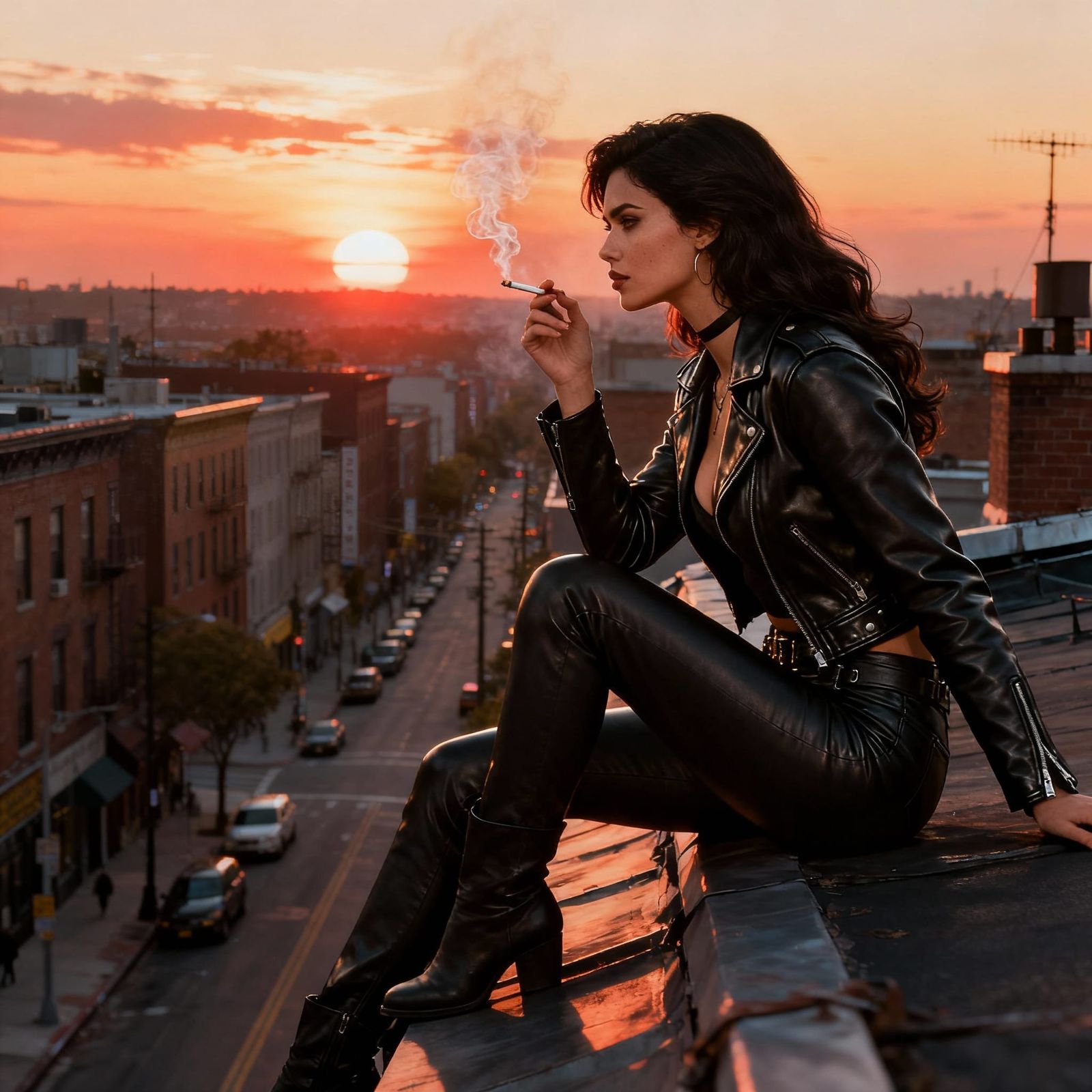 Badass Brunette Woman on Rooftop at Sunset
